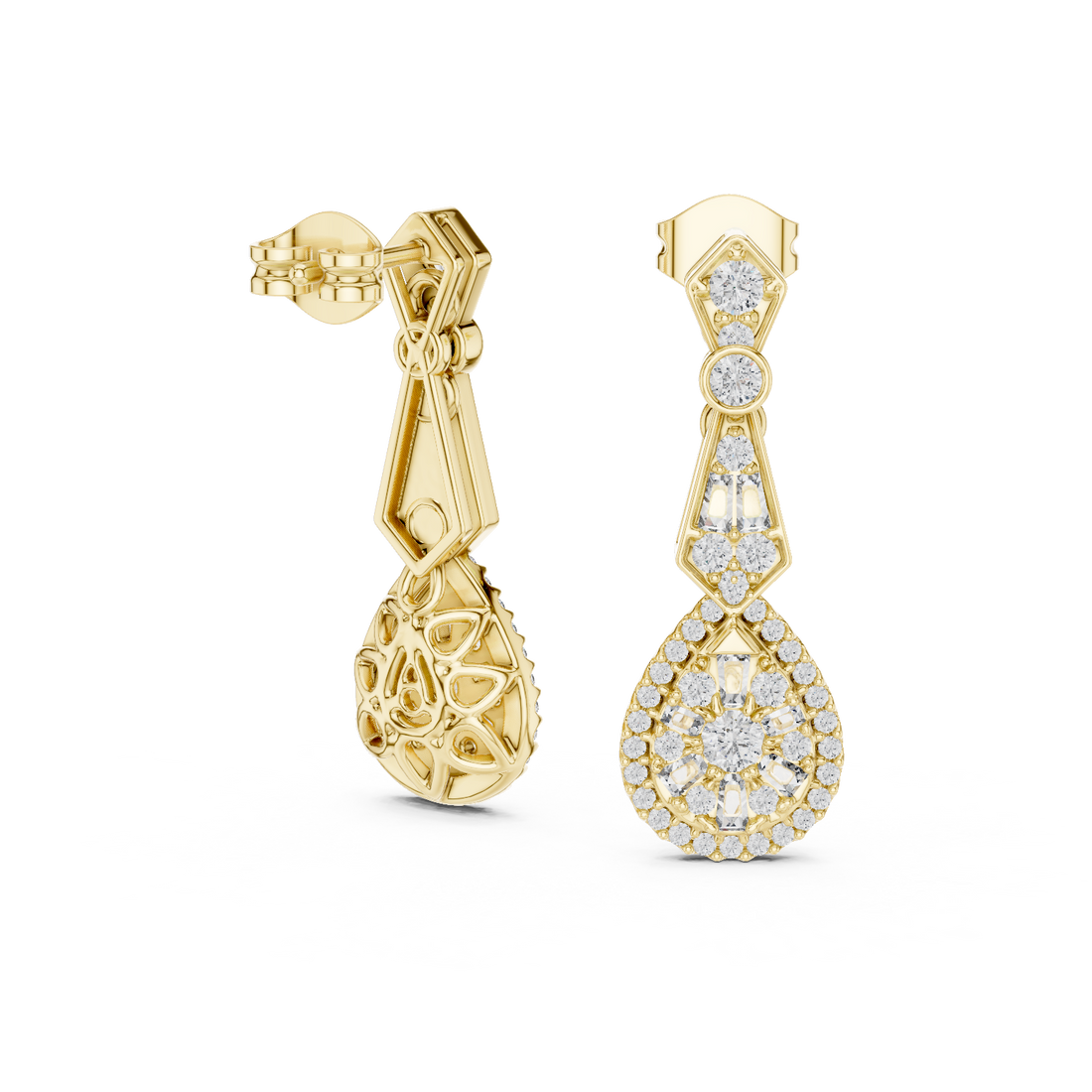 Round and Baguette Cut Diamond Halo Teardrop Drop Earrings with Pavé Accents