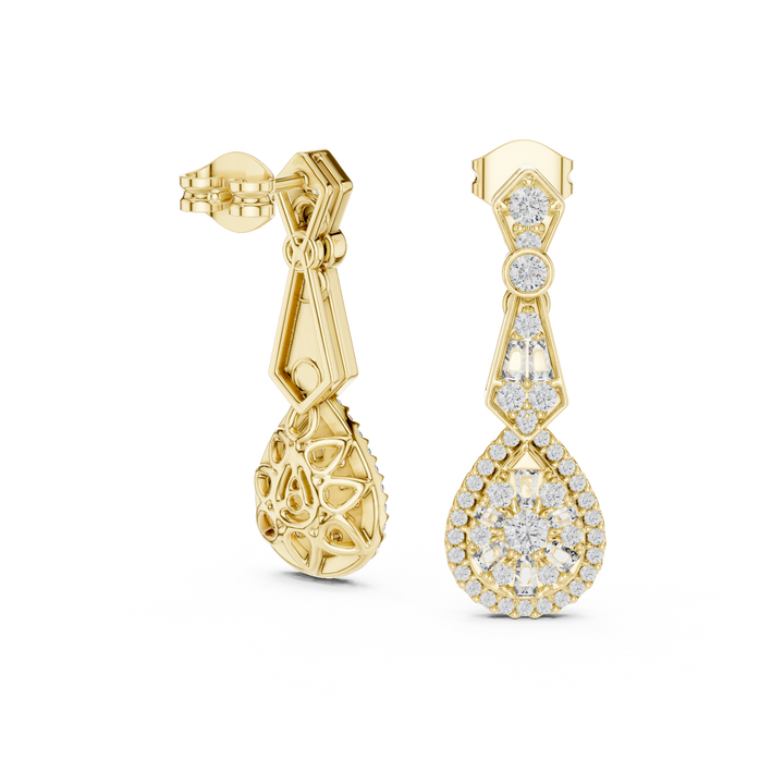 Round and Baguette Cut Diamond Halo Teardrop Drop Earrings with Pavé Accents