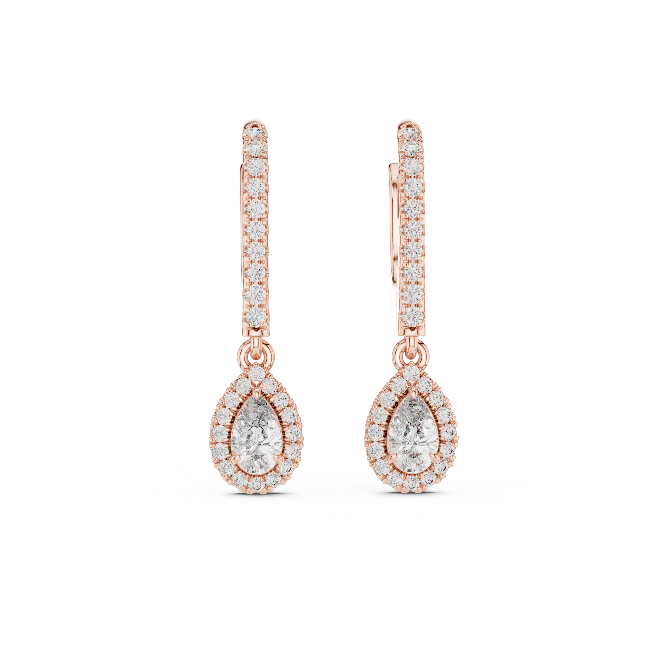 Pear Cut Diamond Halo Drop Earrings with Pavé Hoop Huggie Design