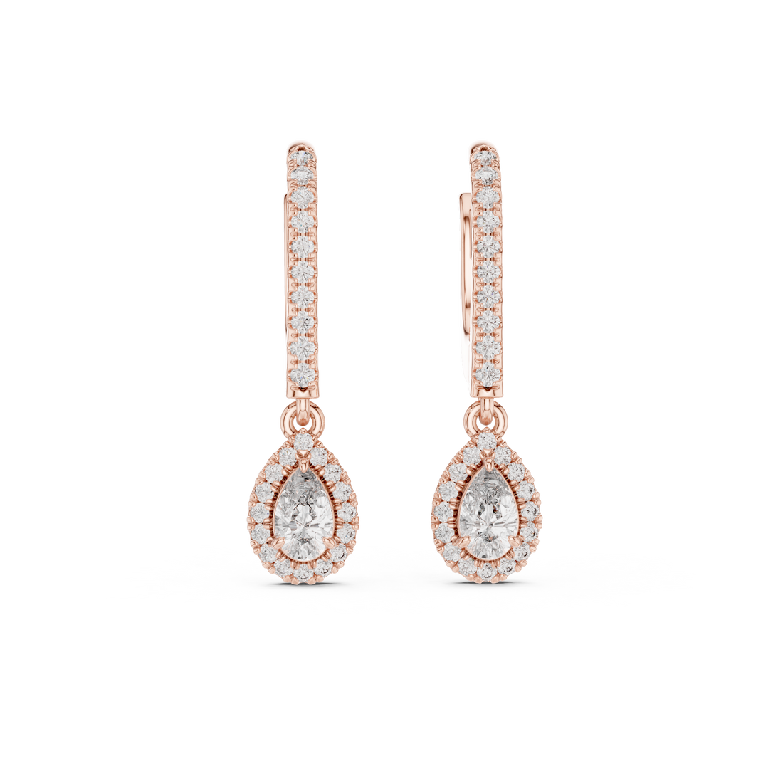 Pear Cut Diamond Halo Drop Earrings with Pavé Hoop Huggie Design