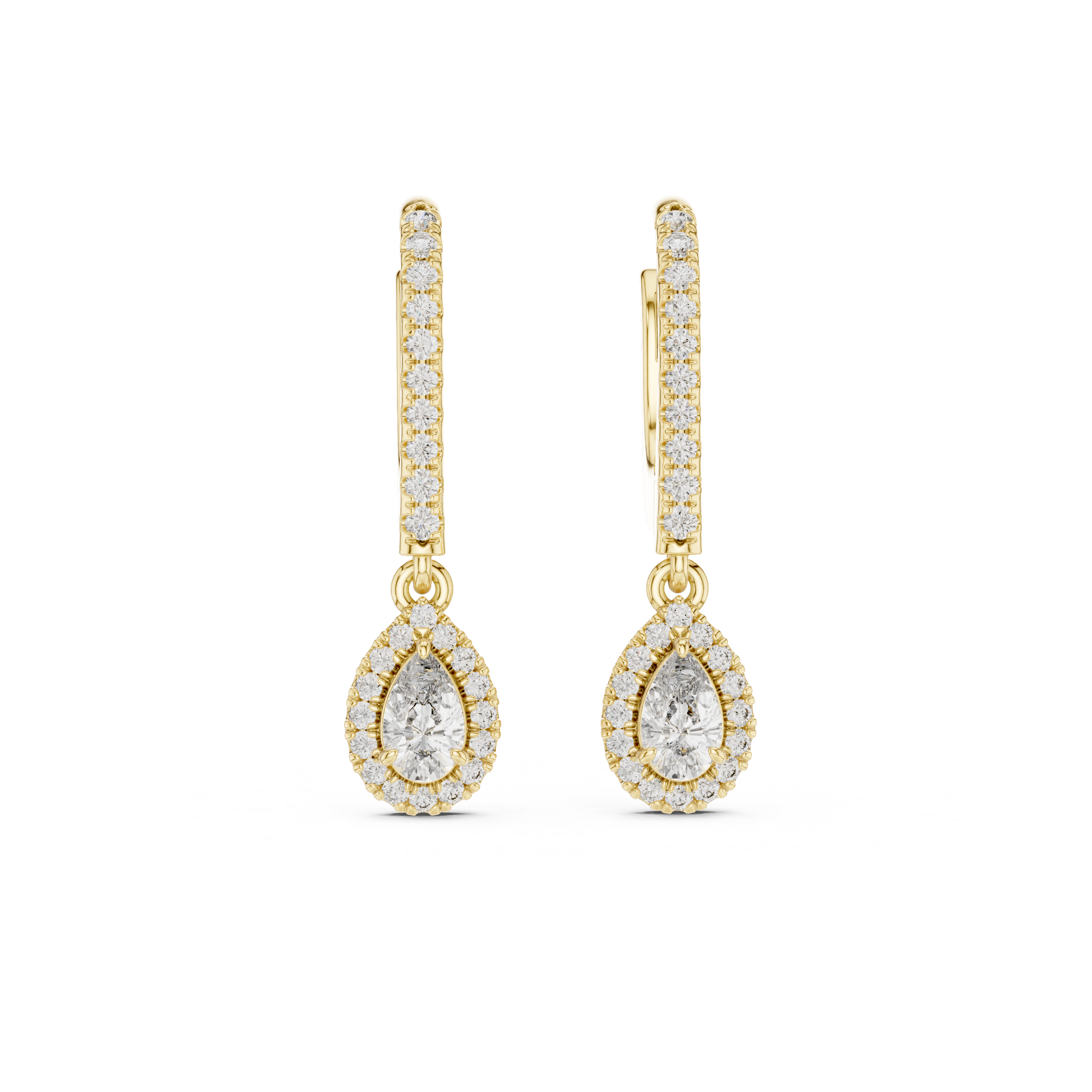 Pear Cut Diamond Halo Drop Earrings with Pavé Hoop Huggie Design
