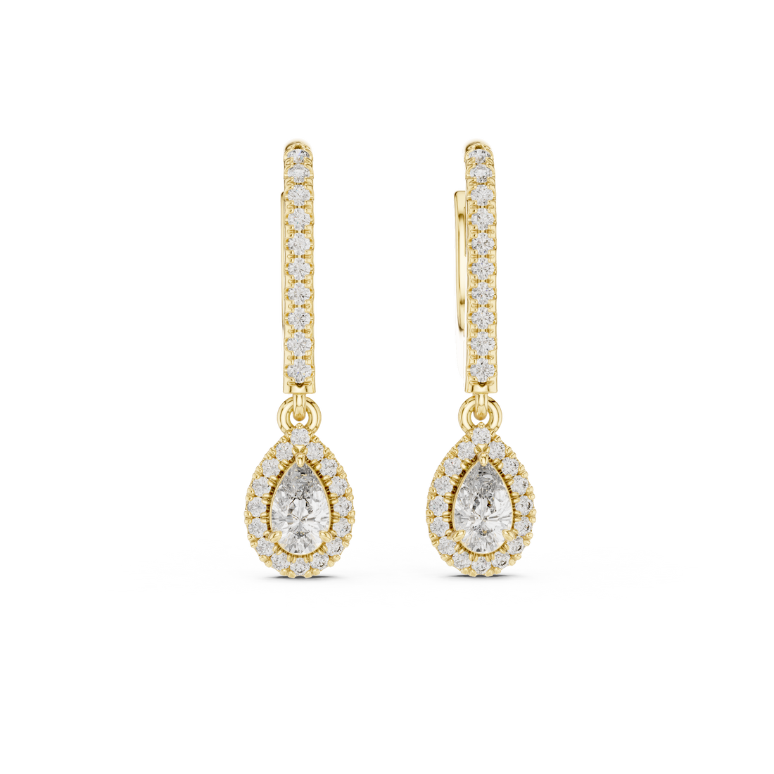 Pear Cut Diamond Halo Drop Earrings with Pavé Hoop Huggie Design