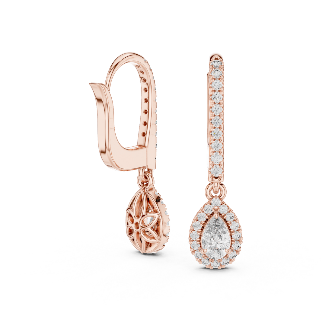Pear Cut Diamond Halo Drop Earrings with Pavé Hoop Huggie Design
