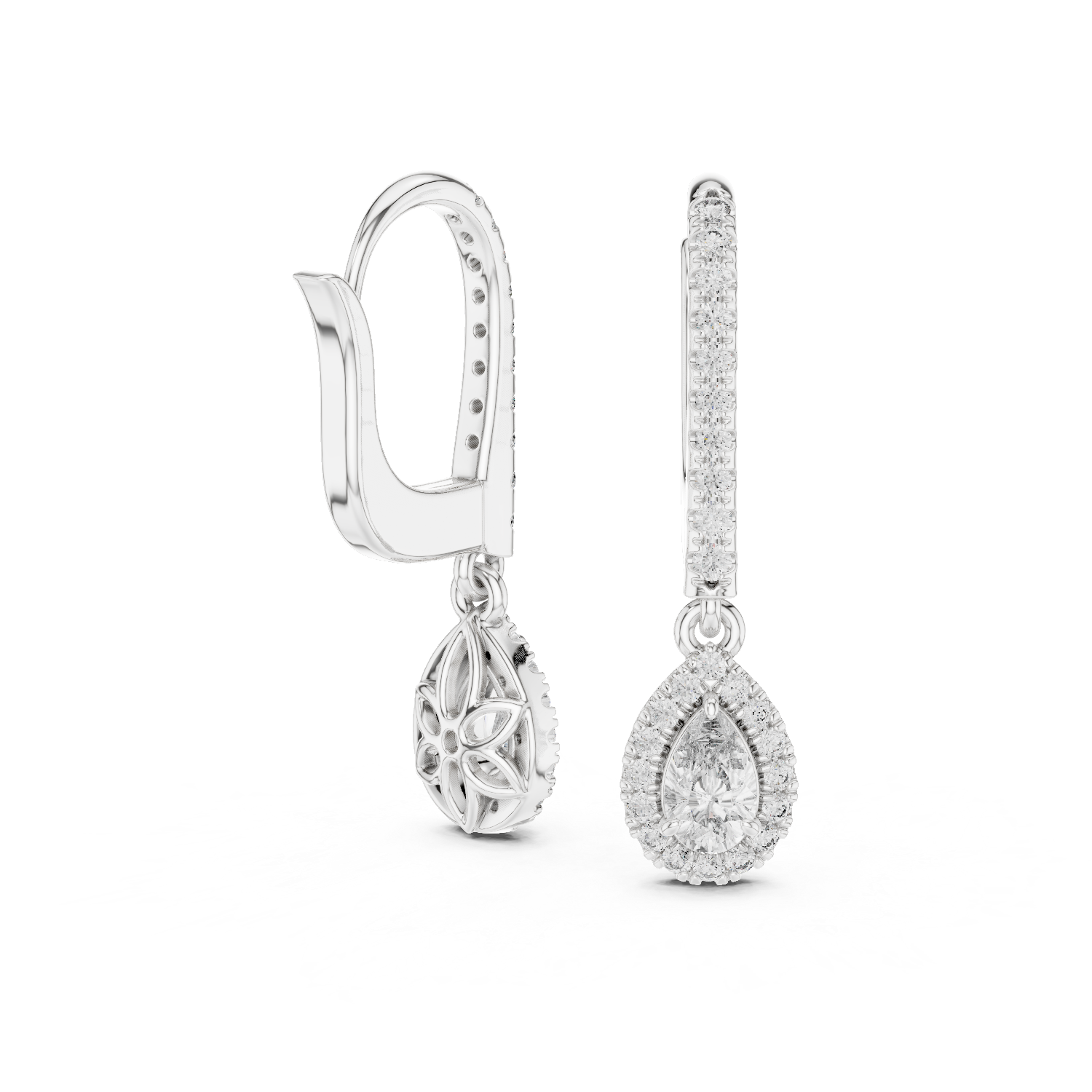 Pear Cut Diamond Halo Drop Earrings with Pavé Hoop Huggie Design