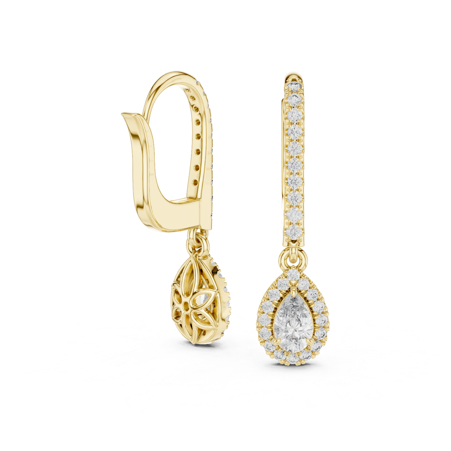 Pear Cut Diamond Halo Drop Earrings with Pavé Hoop Huggie Design