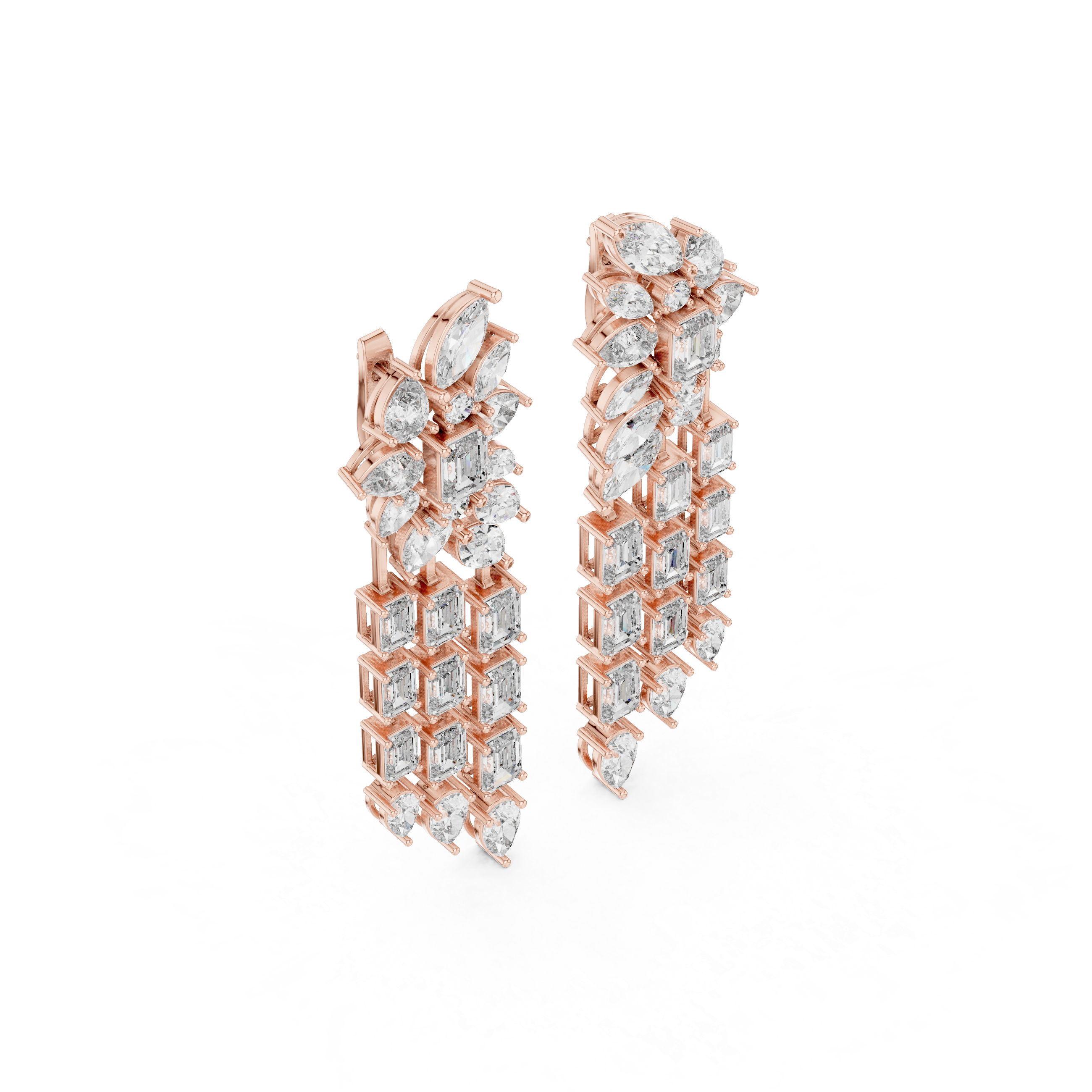 Mixed Cut Diamond Floral Chandelier  Drop Earrings With Cascading Emerald And Marquise Strands