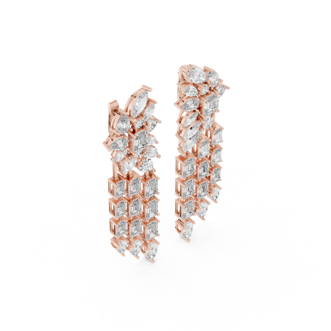 Mixed Cut Diamond Floral Chandelier  Drop Earrings With Cascading Emerald And Marquise Strands