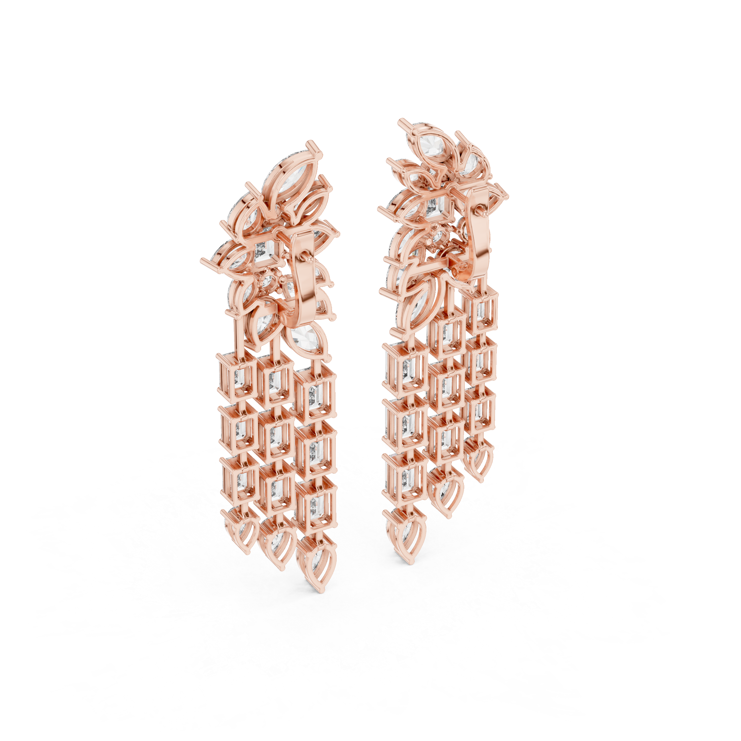 Mixed Cut Diamond Floral Chandelier  Drop Earrings With Cascading Emerald And Marquise Strands