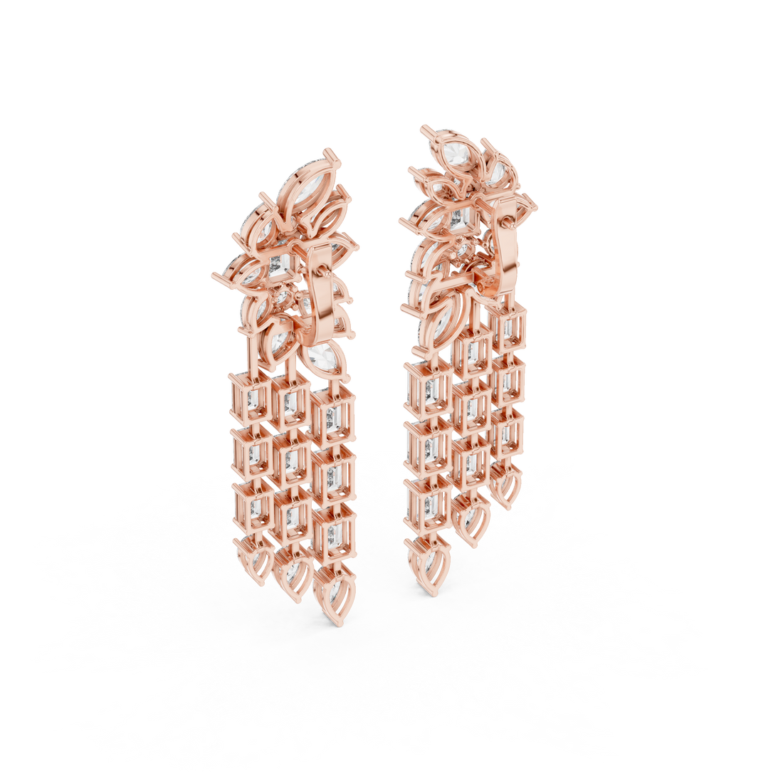 Mixed Cut Diamond Floral Chandelier  Drop Earrings With Cascading Emerald And Marquise Strands