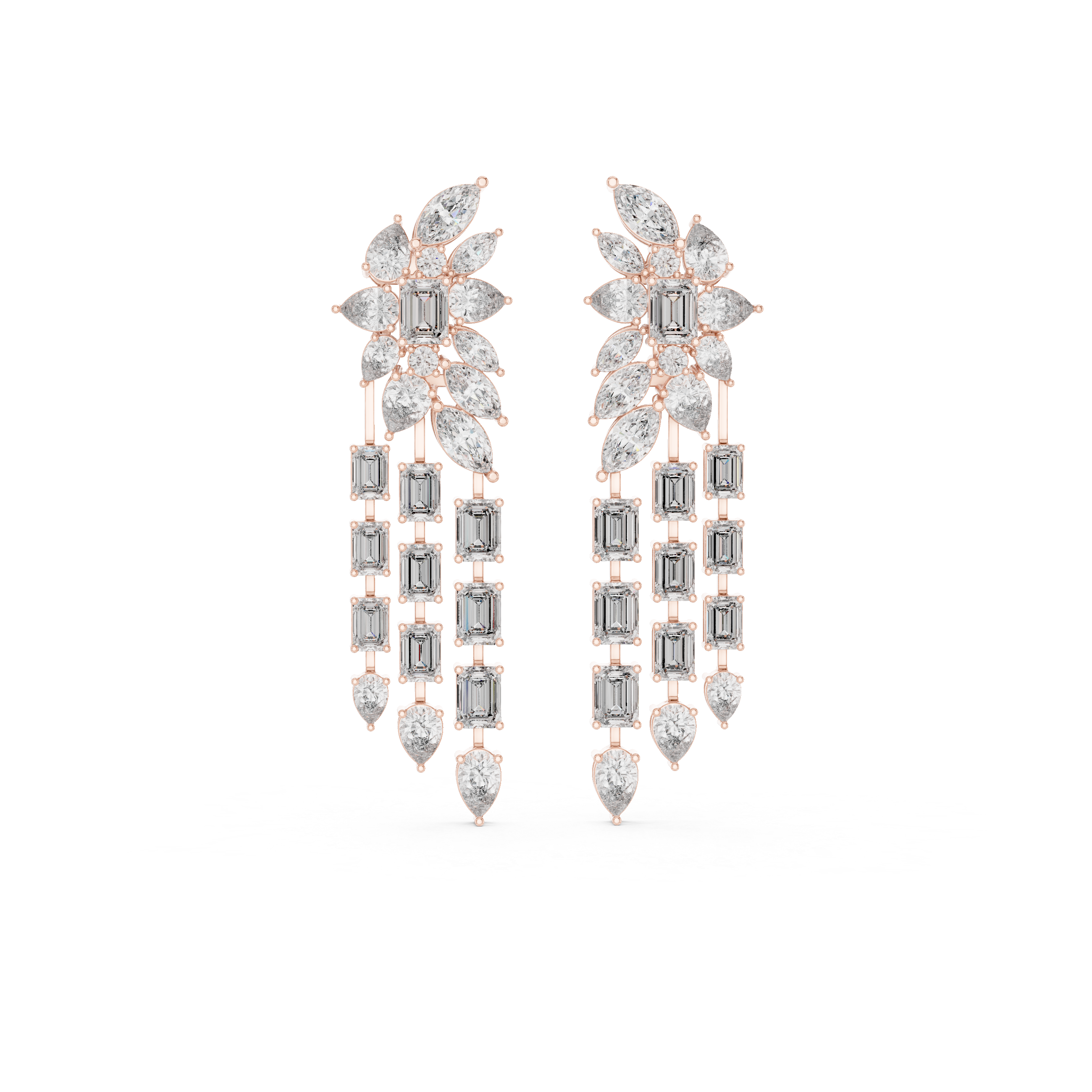 Mixed Cut Diamond Floral Chandelier  Drop Earrings With Cascading Emerald And Marquise Strands