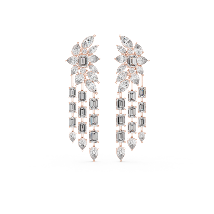 Mixed Cut Diamond Floral Chandelier  Drop Earrings With Cascading Emerald And Marquise Strands