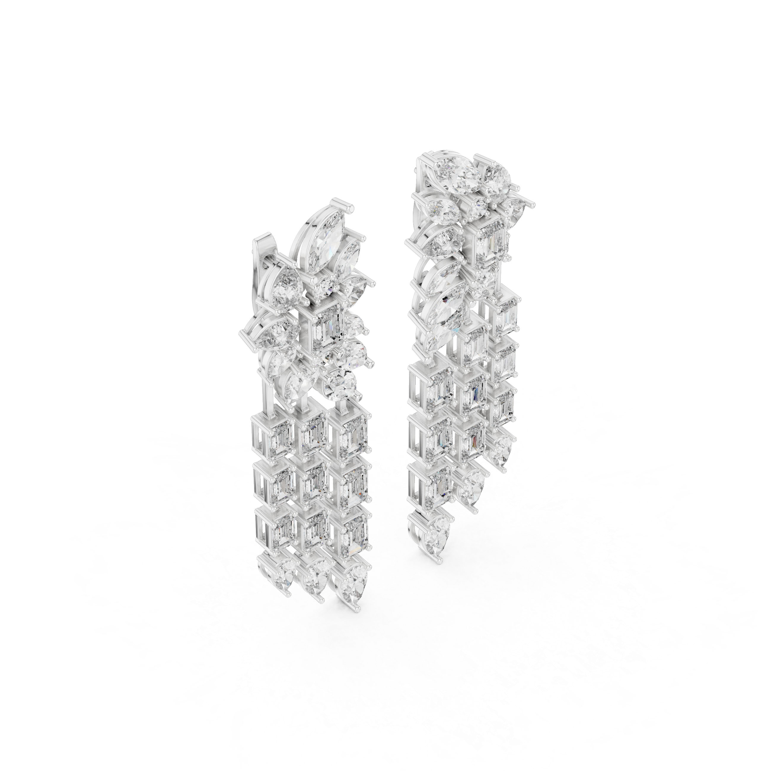 Mixed Cut Diamond Floral Chandelier  Drop Earrings With Cascading Emerald And Marquise Strands