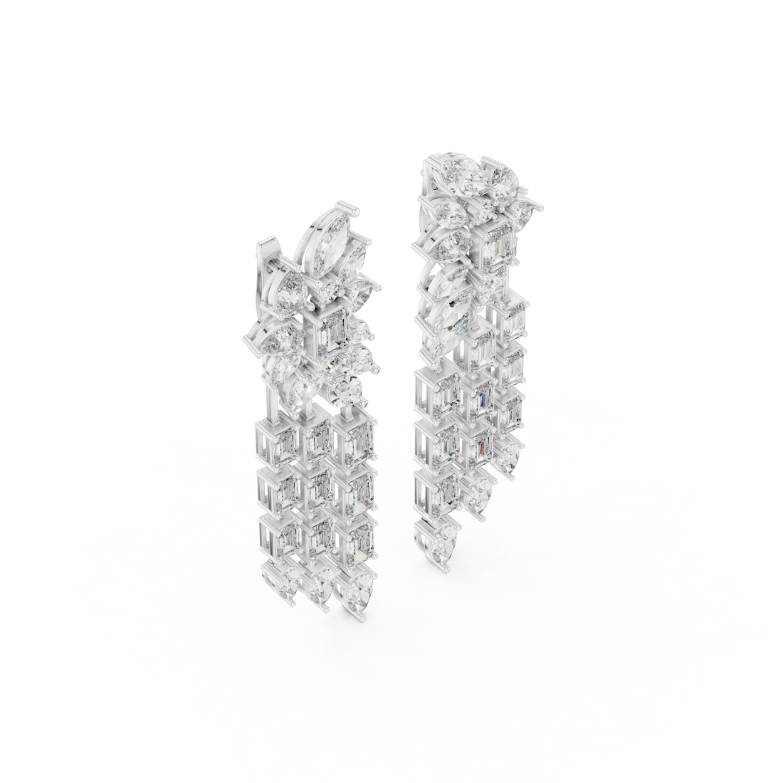 Mixed Cut Diamond Floral Chandelier  Drop Earrings With Cascading Emerald And Marquise Strands