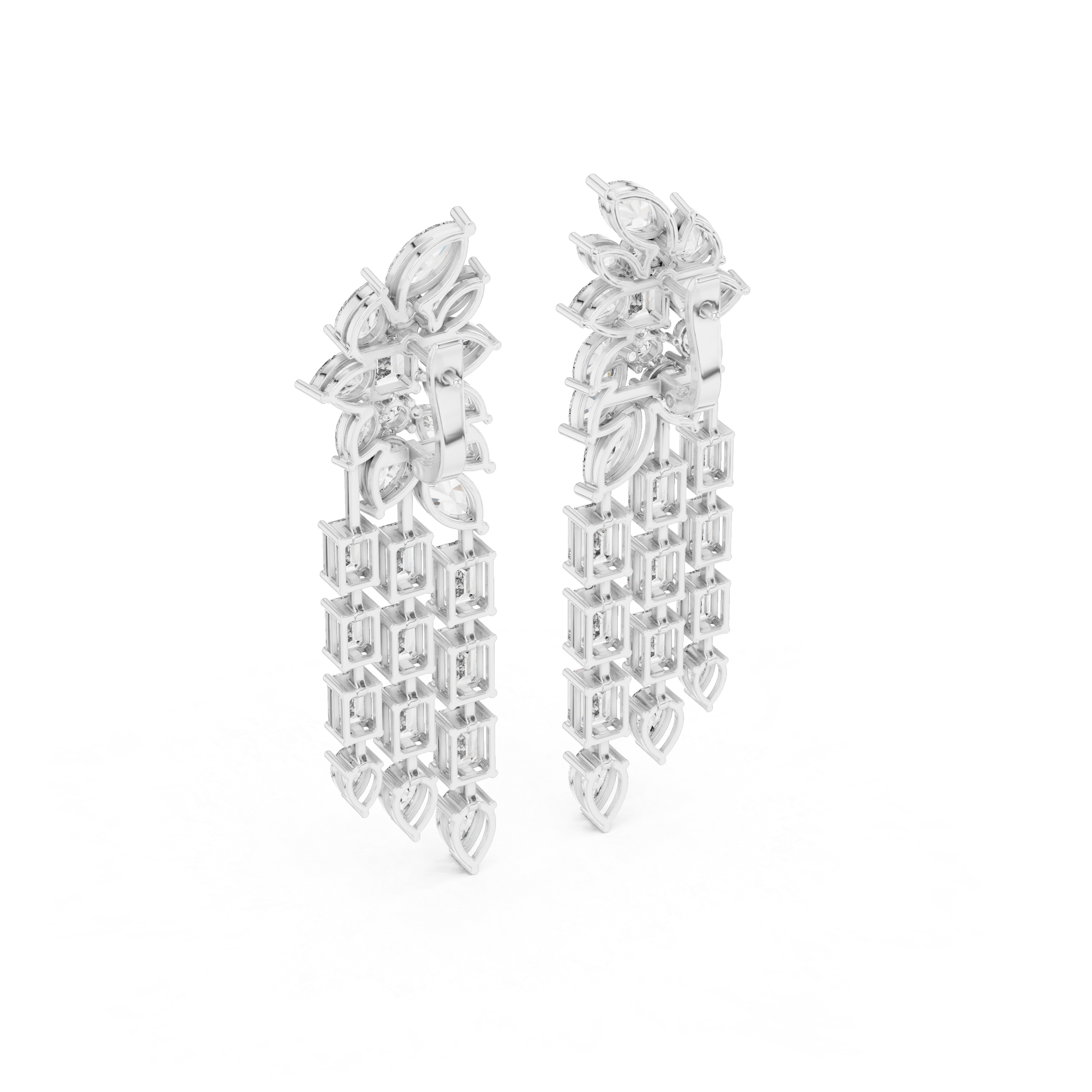 Mixed Cut Diamond Floral Chandelier  Drop Earrings With Cascading Emerald And Marquise Strands