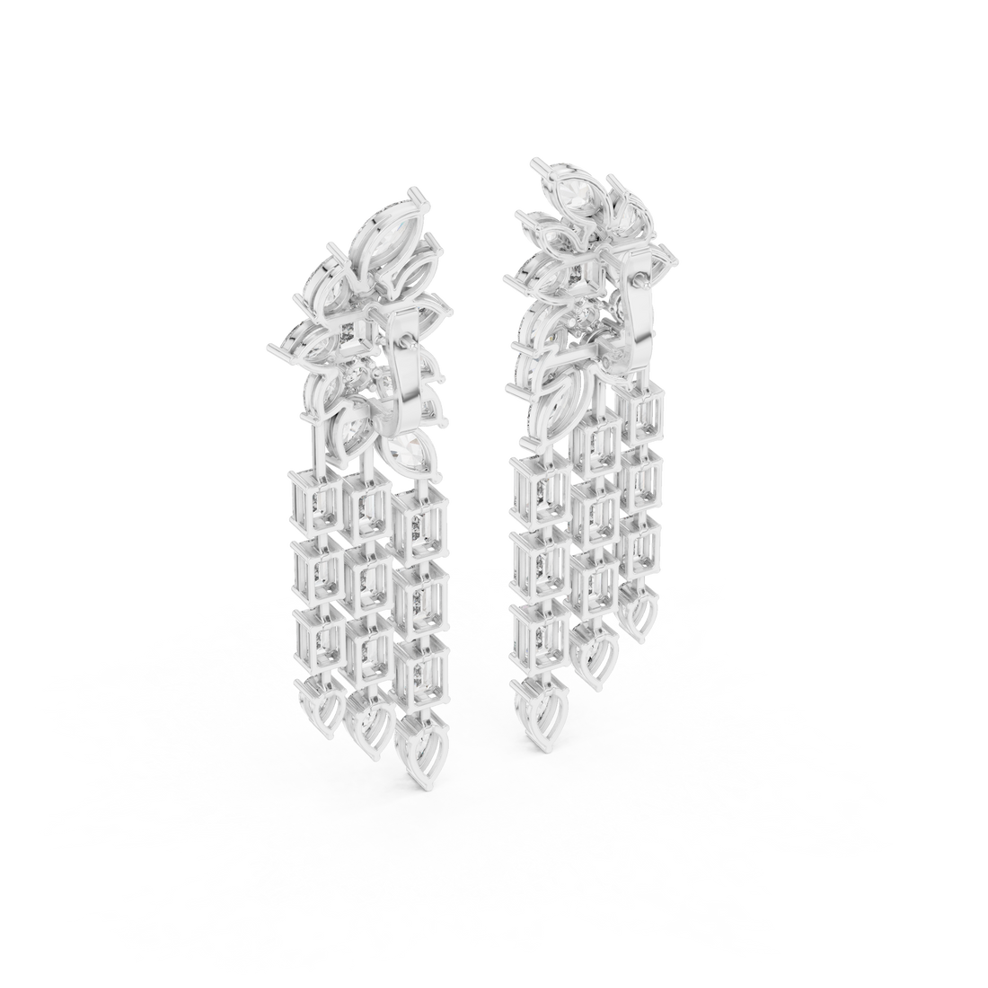 Mixed Cut Diamond Floral Chandelier  Drop Earrings With Cascading Emerald And Marquise Strands