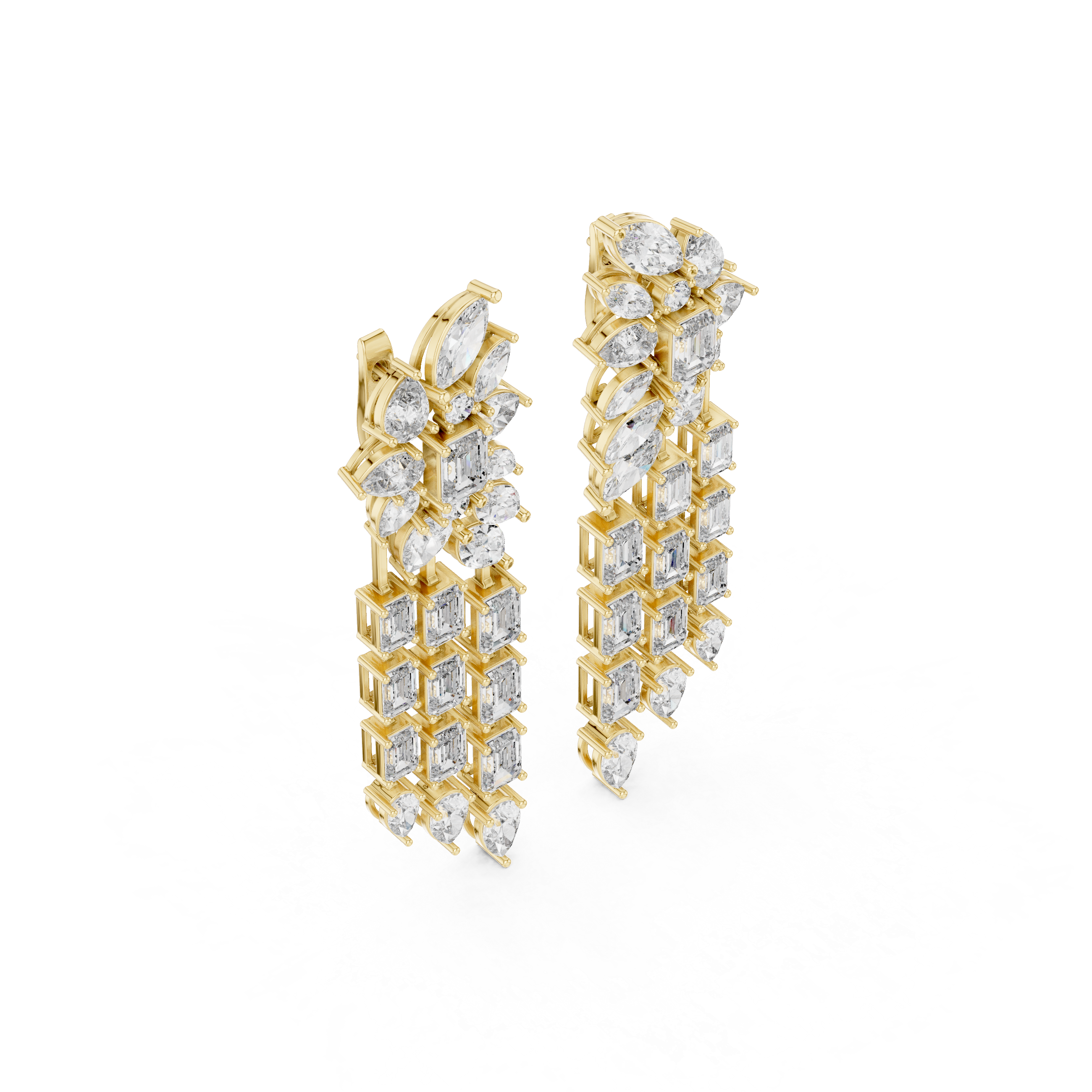 Mixed Cut Diamond Floral Chandelier  Drop Earrings With Cascading Emerald And Marquise Strands