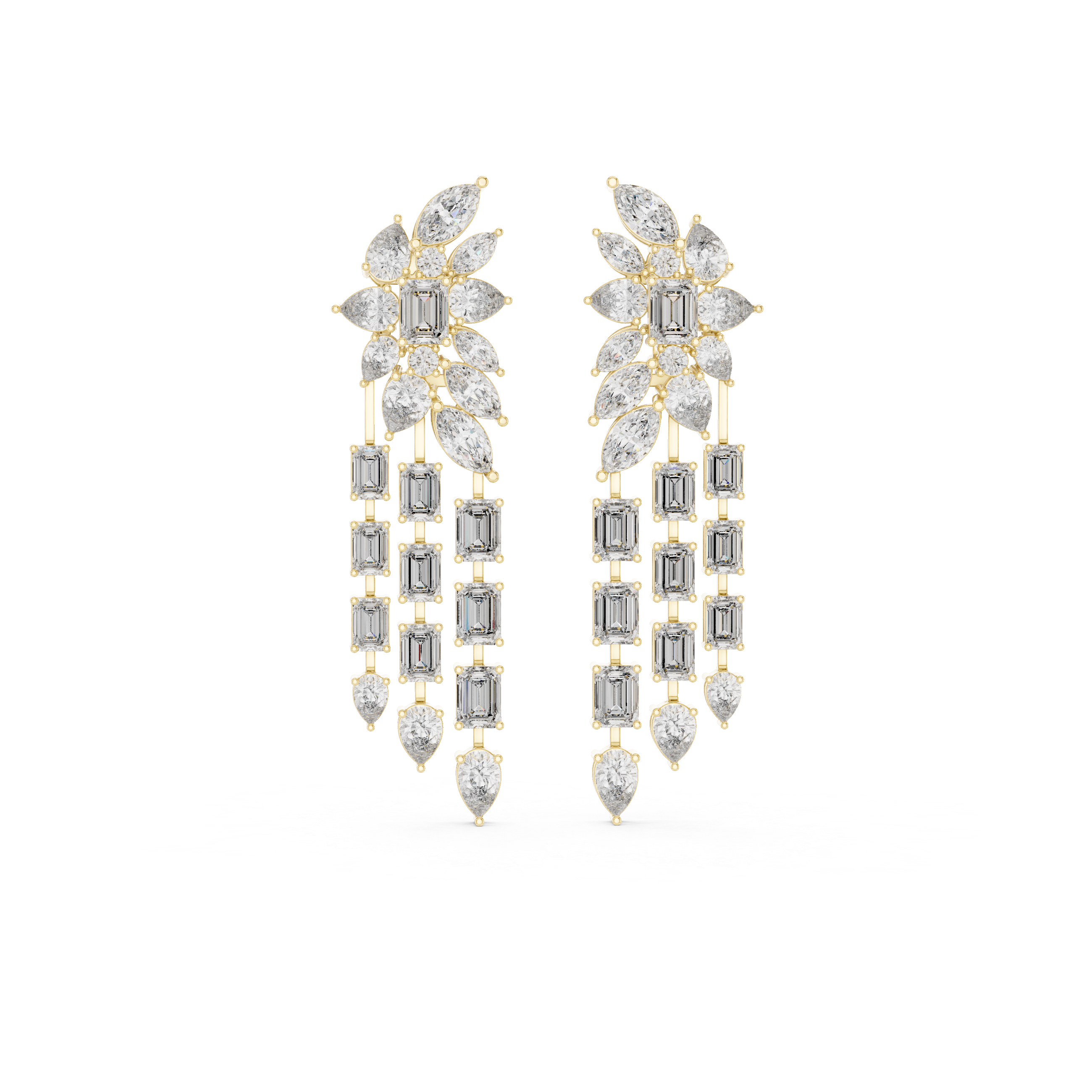 Mixed Cut Diamond Floral Chandelier  Drop Earrings With Cascading Emerald And Marquise Strands