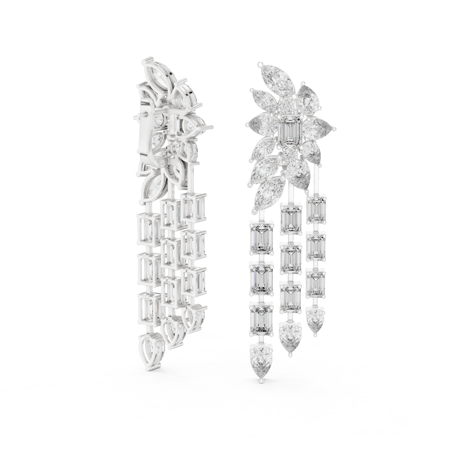 Mixed Cut Diamond Floral Chandelier  Drop Earrings With Cascading Emerald And Marquise Strands