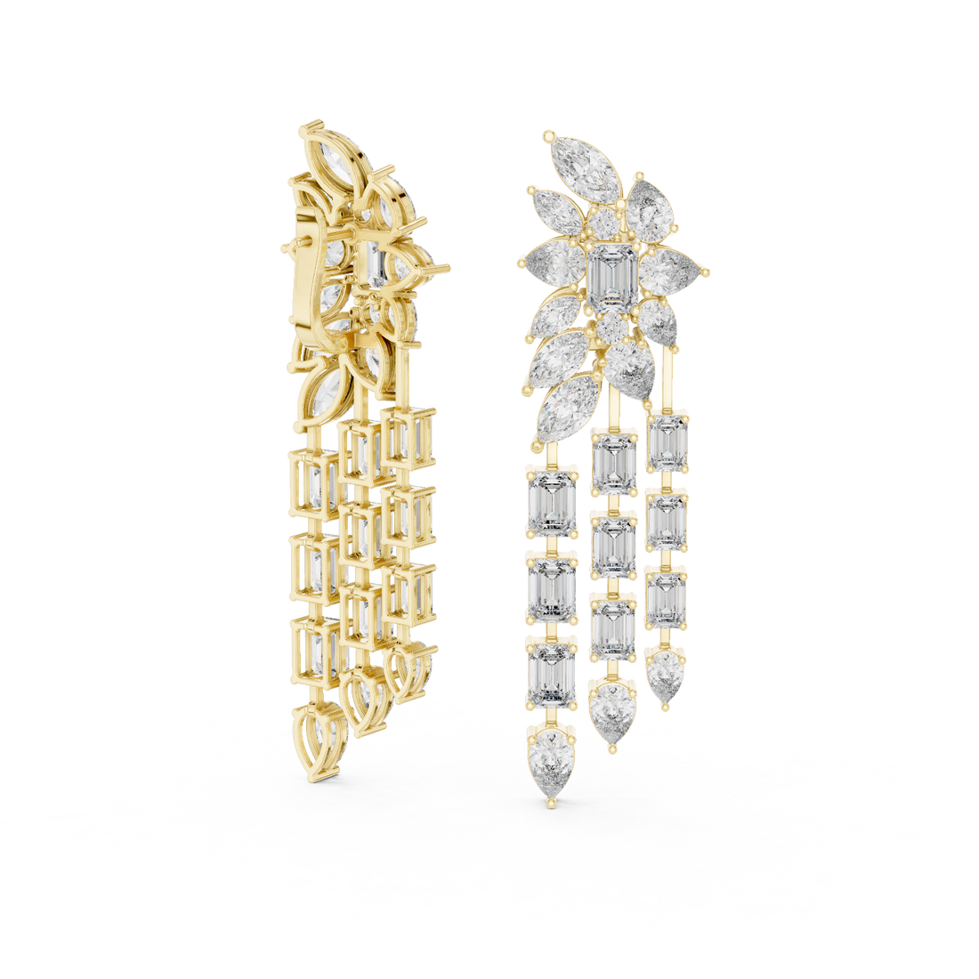 Mixed Cut Diamond Floral Chandelier  Drop Earrings With Cascading Emerald And Marquise Strands