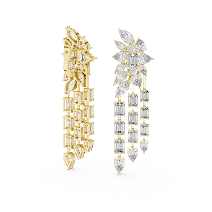 Mixed Cut Diamond Floral Chandelier  Drop Earrings With Cascading Emerald And Marquise Strands