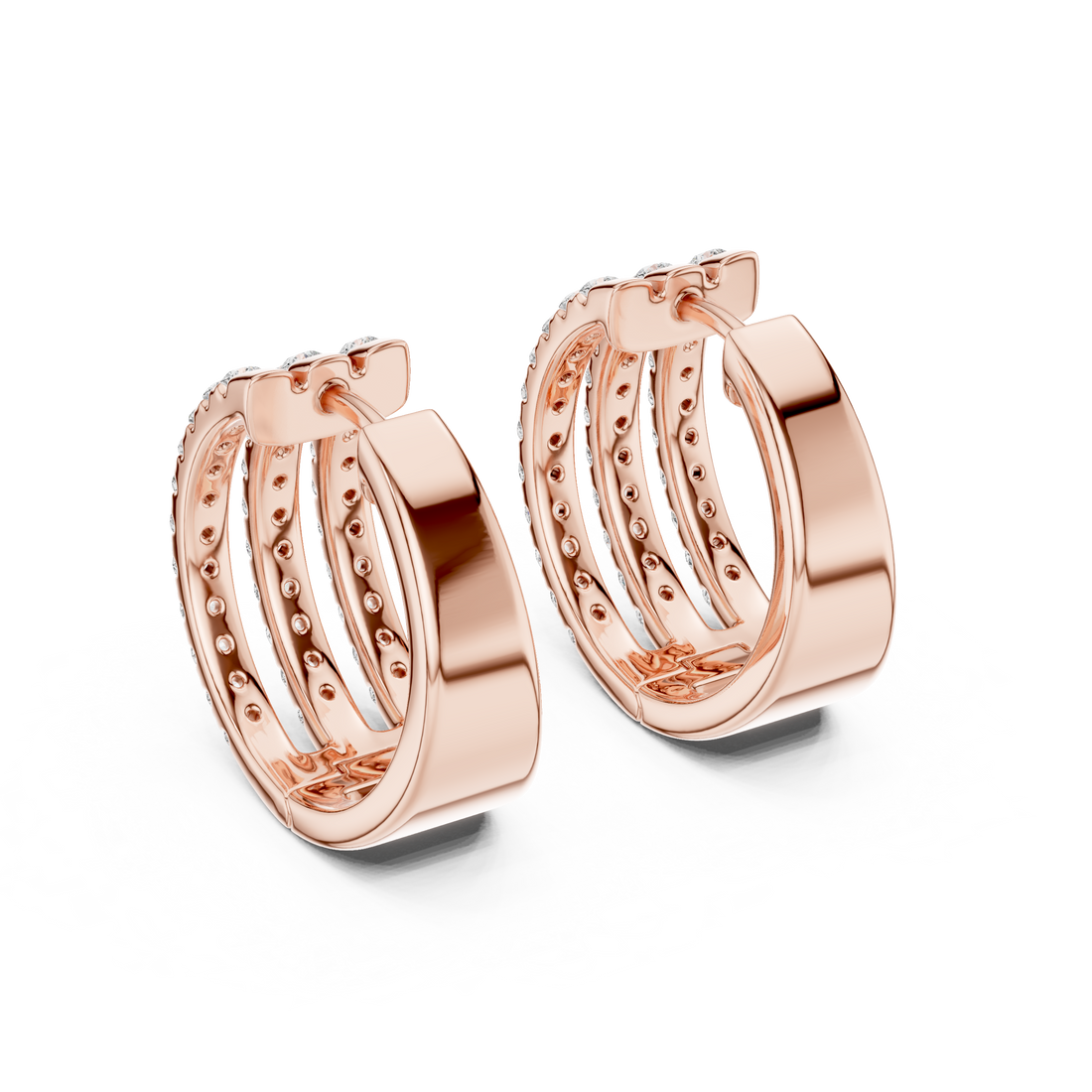 Triple Row Round Cut Diamond Pavé Huggie Hoop Earrings