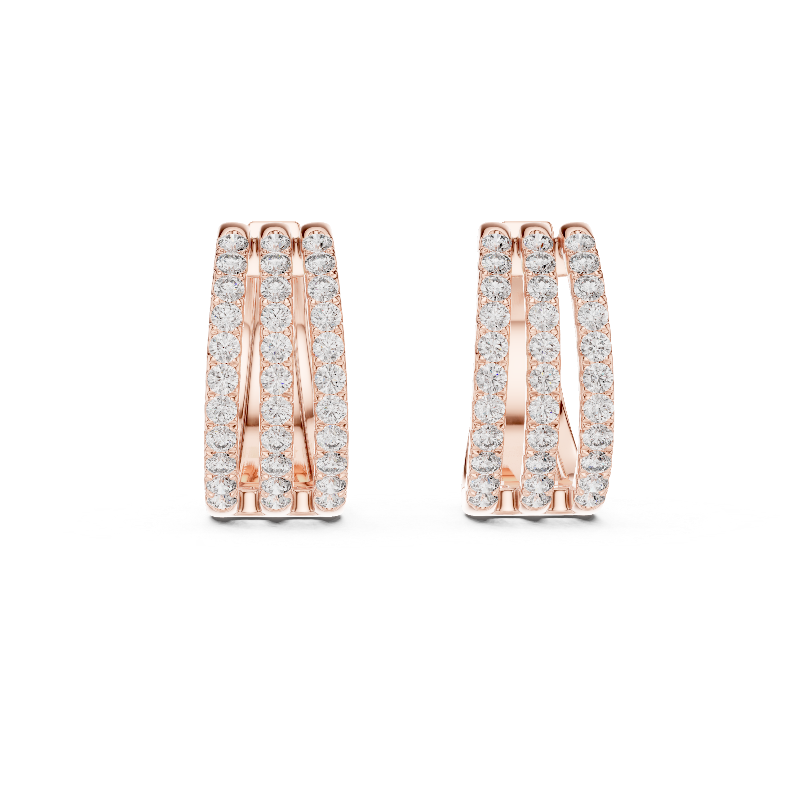 Triple Row Round Cut Diamond Pavé Huggie Hoop Earrings