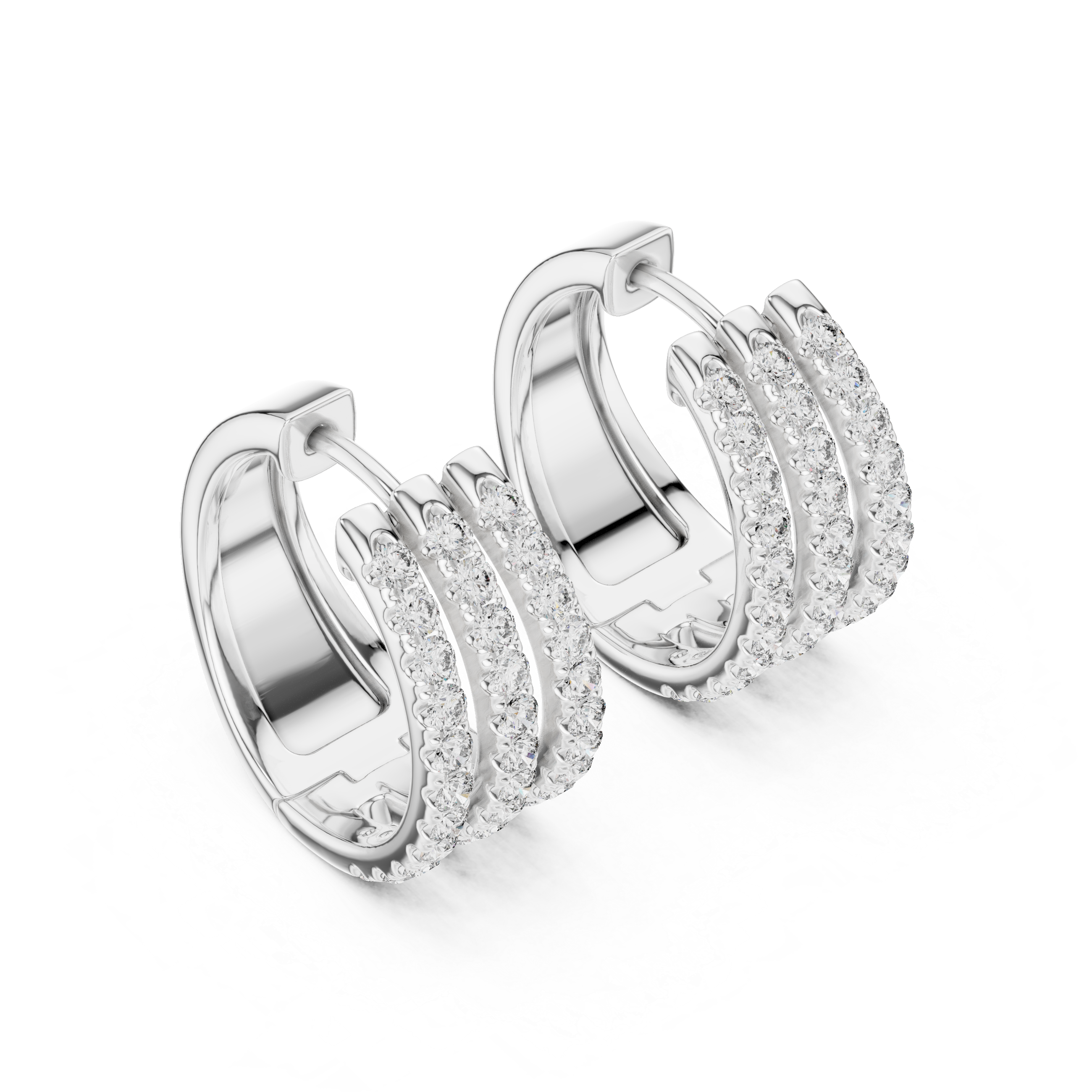 Triple Row Round Cut Diamond Pavé Huggie Hoop Earrings