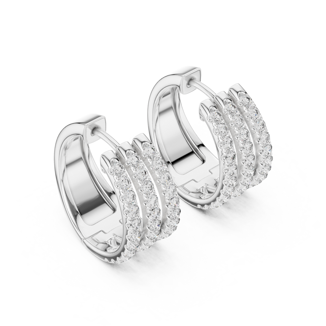 Triple Row Round Cut Diamond Pavé Huggie Hoop Earrings