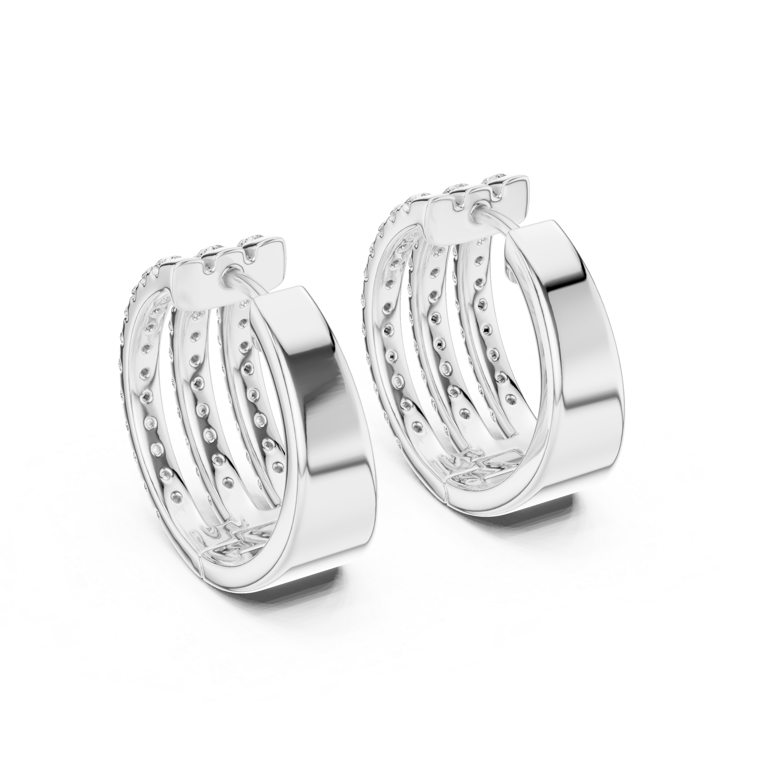 Triple Row Round Cut Diamond Pavé Huggie Hoop Earrings