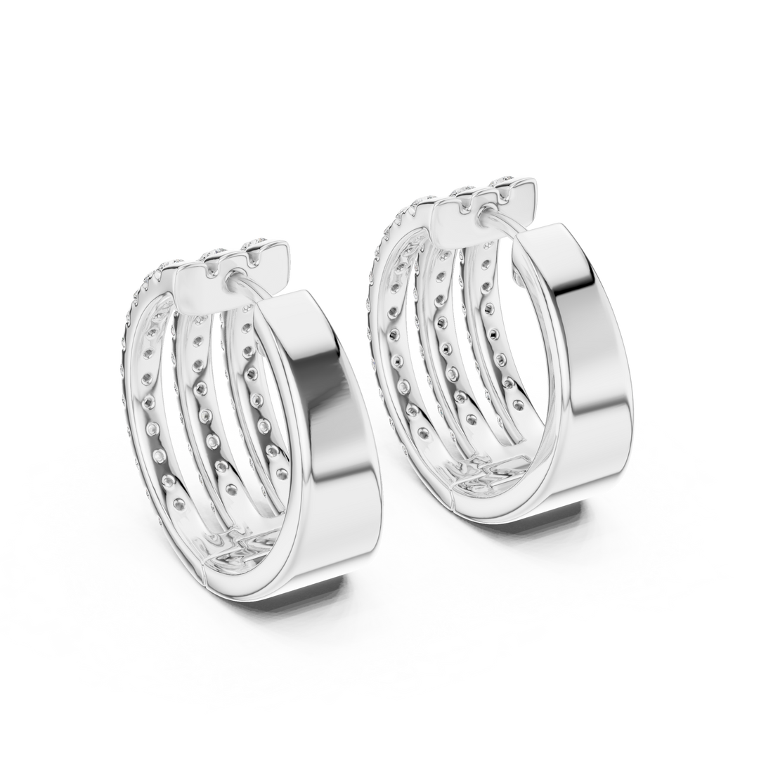 Triple Row Round Cut Diamond Pavé Huggie Hoop Earrings