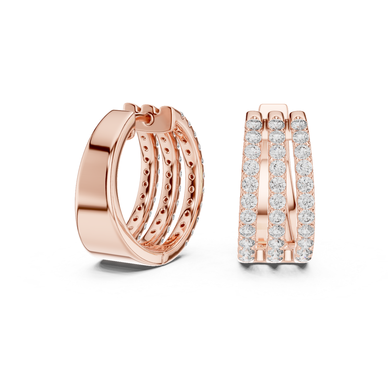 Triple Row Round Cut Diamond Pavé Huggie Hoop Earrings