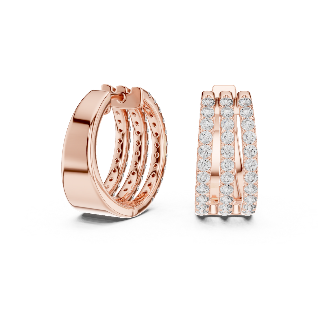 Triple Row Round Cut Diamond Pavé Huggie Hoop Earrings