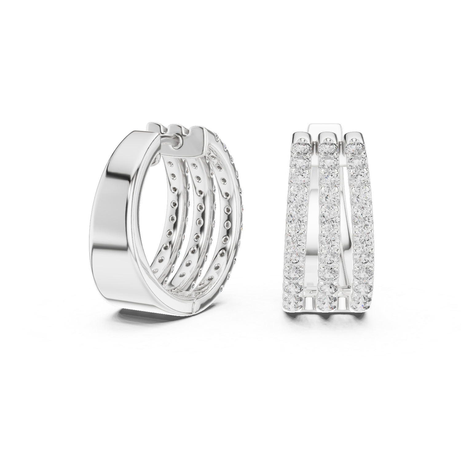 Triple Row Round Cut Diamond Pavé Huggie Hoop Earrings