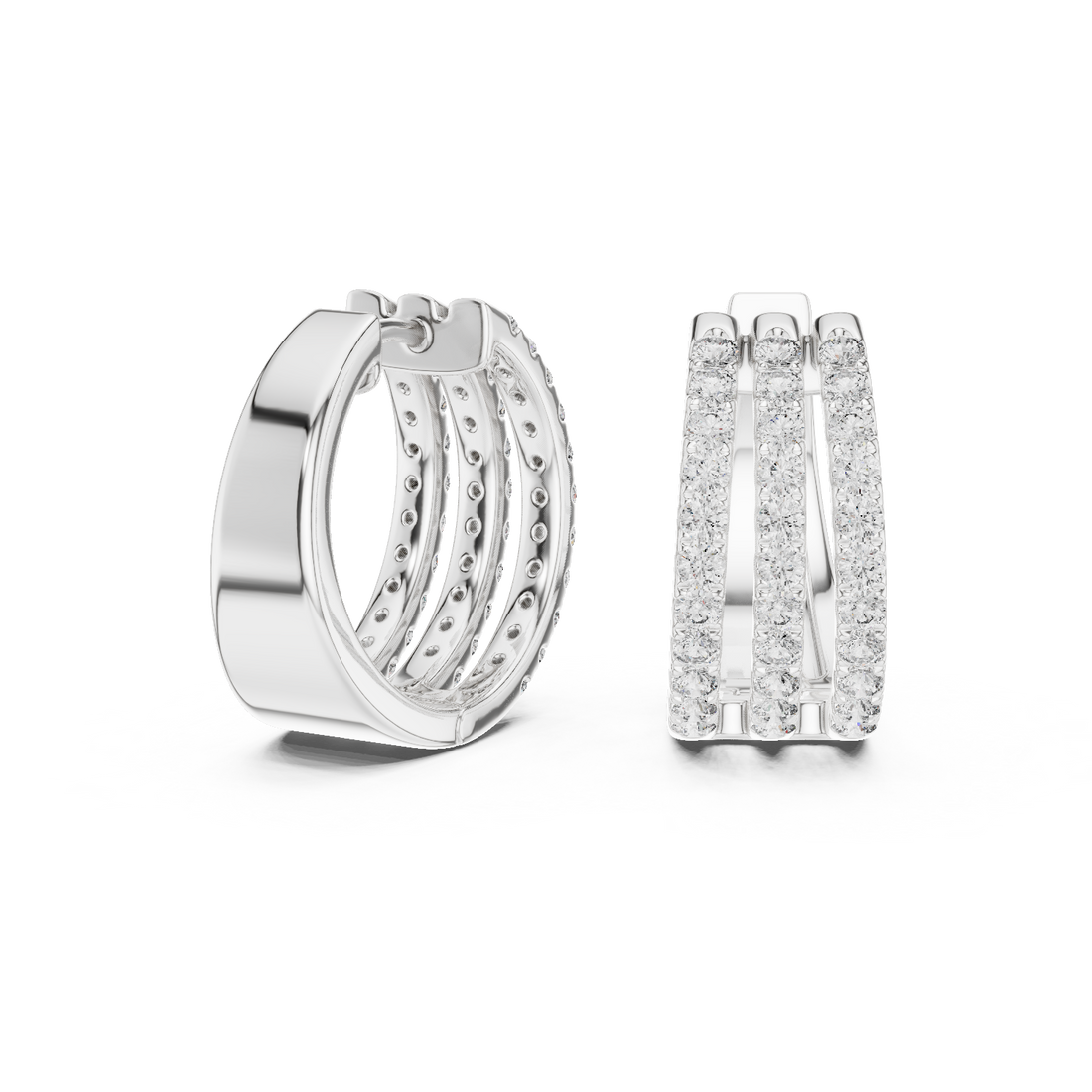 Triple Row Round Cut Diamond Pavé Huggie Hoop Earrings