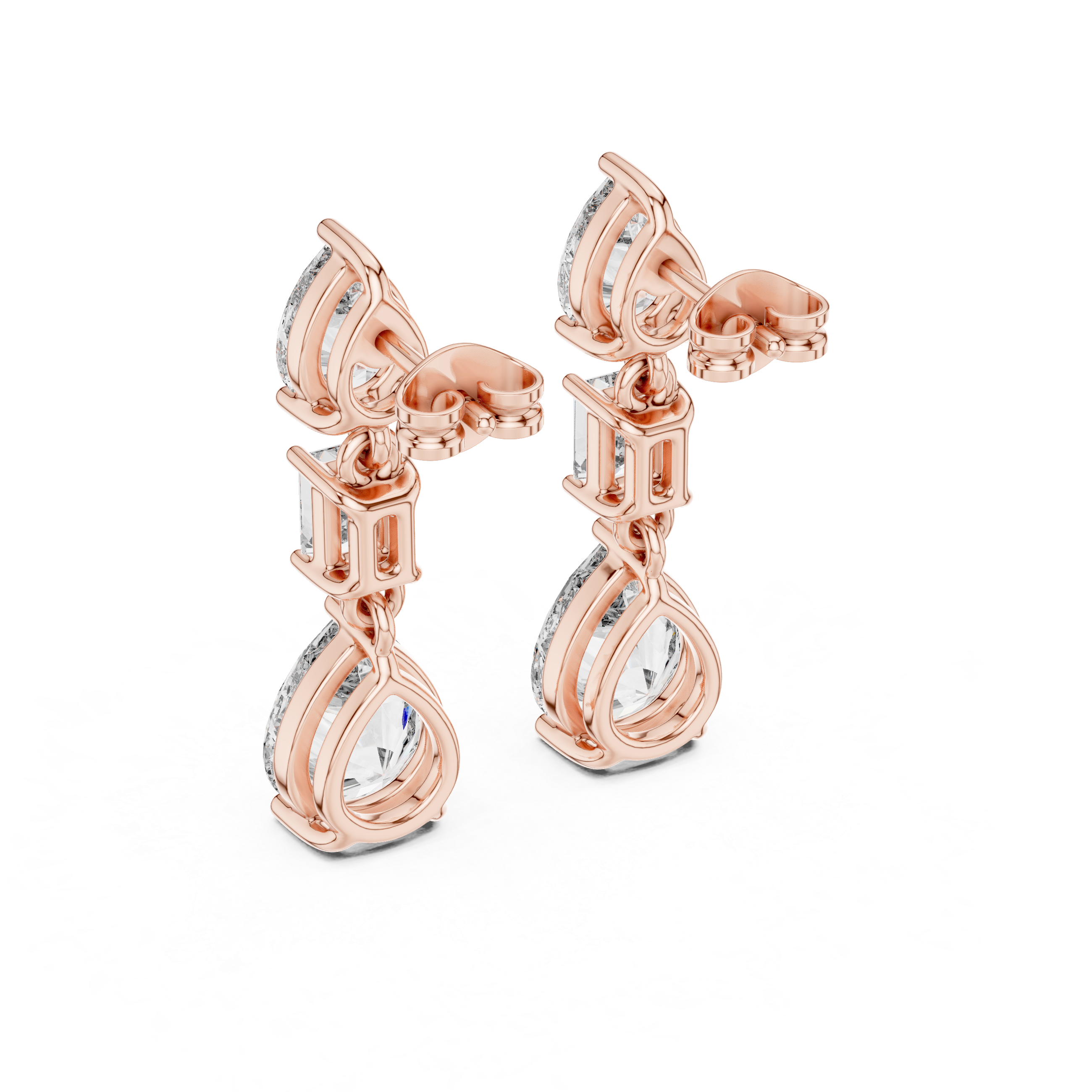 Pear and Emerald Cut Diamond Three Stone Drop Earrings