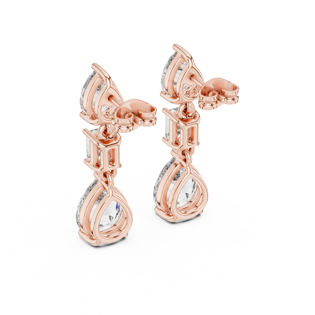 Pear and Emerald Cut Diamond Three Stone Drop Earrings