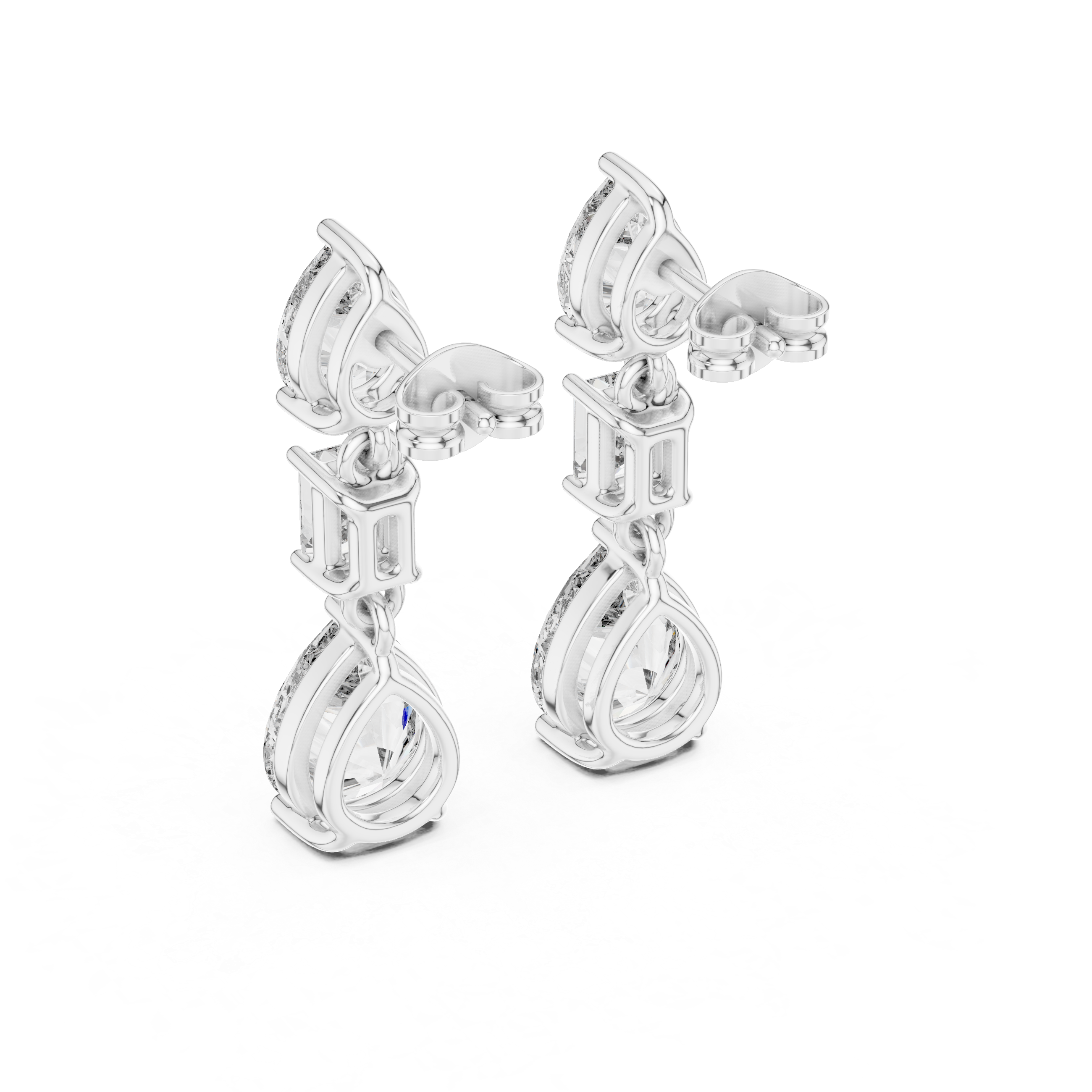 Pear and Emerald Cut Diamond Three Stone Drop Earrings