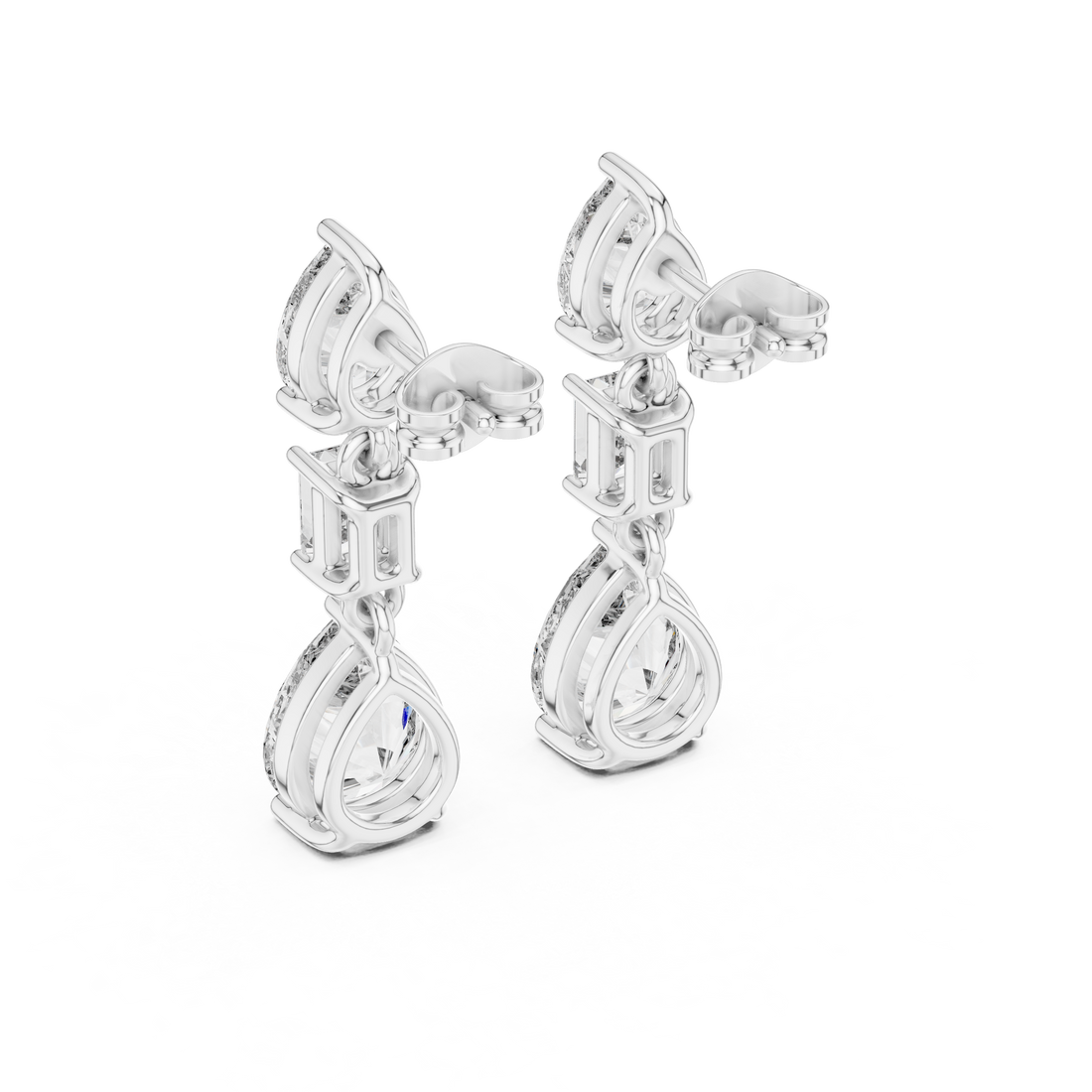 Pear and Emerald Cut Diamond Three Stone Drop Earrings