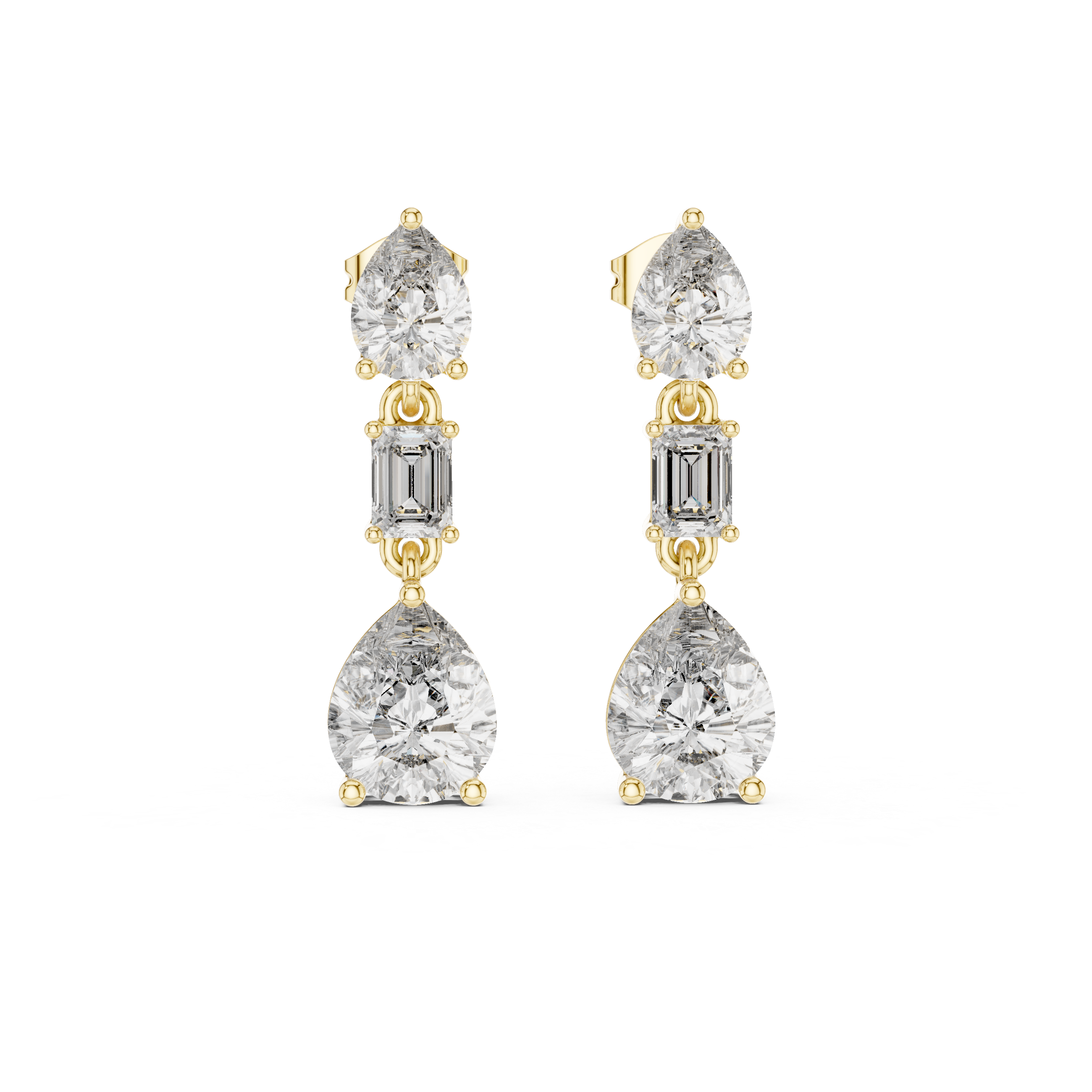Pear and Emerald Cut Diamond Three Stone Drop Earrings