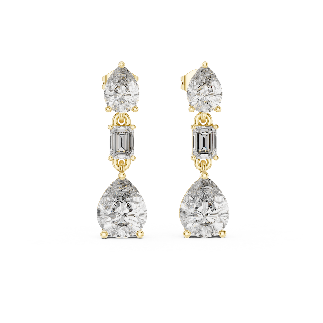 Pear and Emerald Cut Diamond Three Stone Drop Earrings