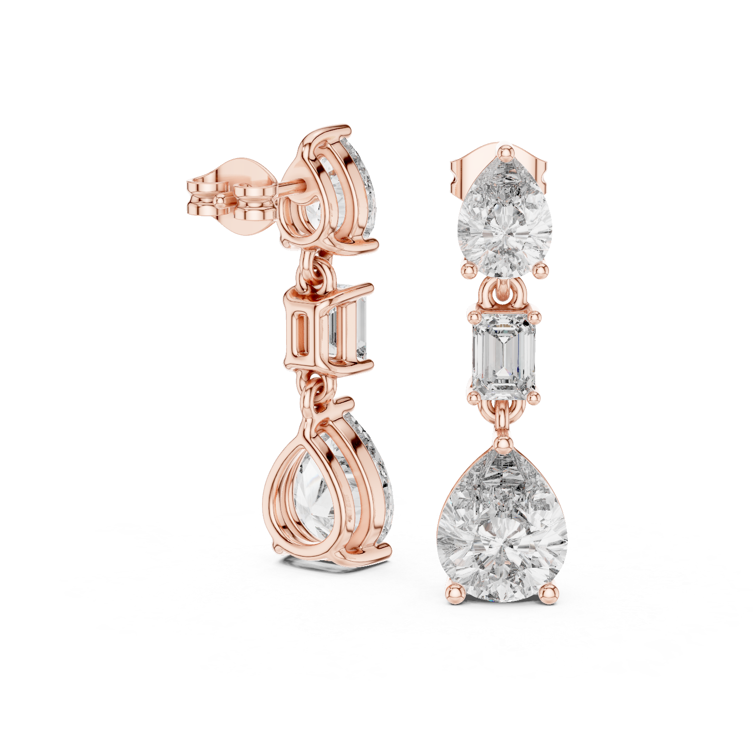 Pear and Emerald Cut Diamond Three Stone Drop Earrings