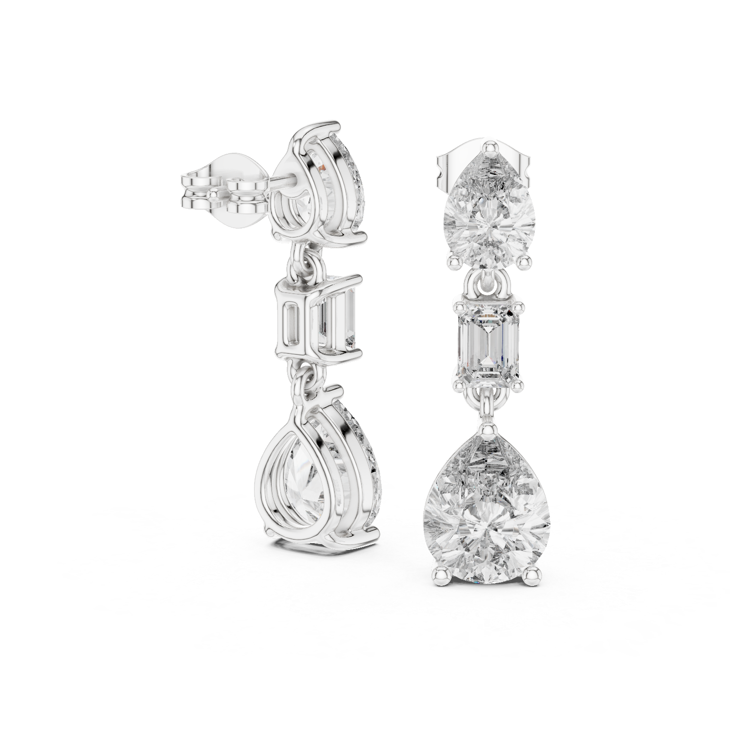 Pear and Emerald Cut Diamond Three Stone Drop Earrings