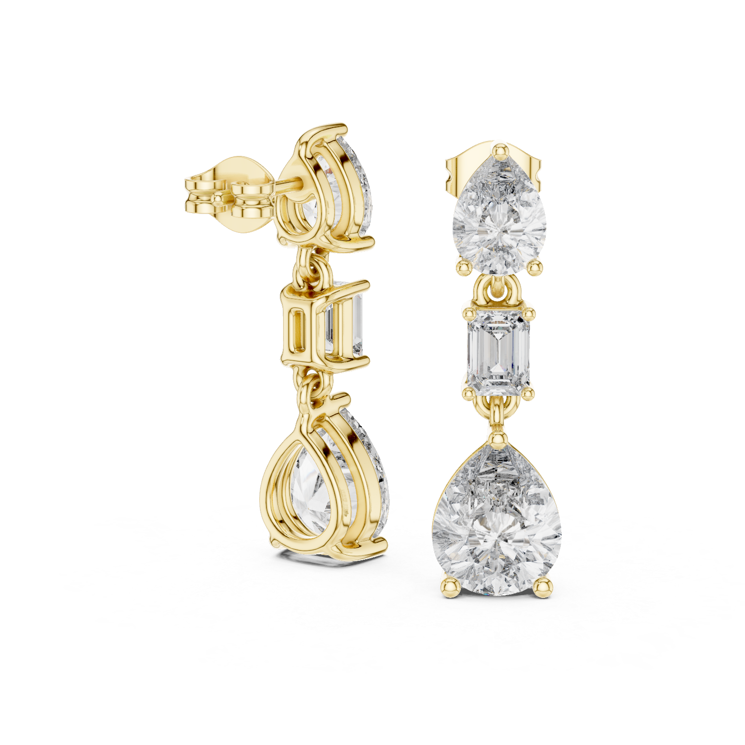 Pear and Emerald Cut Diamond Three Stone Drop Earrings