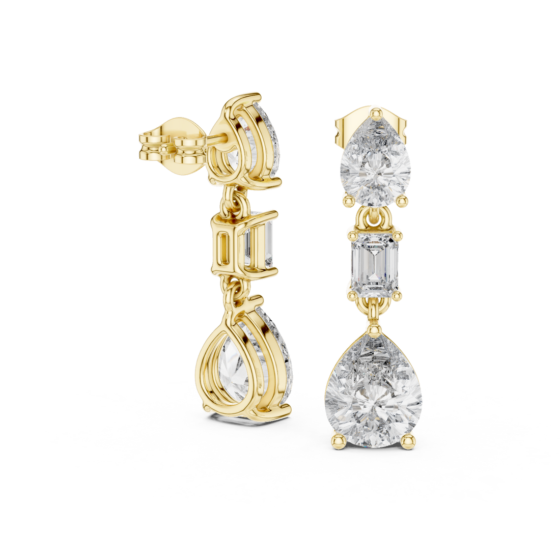 Pear and Emerald Cut Diamond Three Stone Drop Earrings