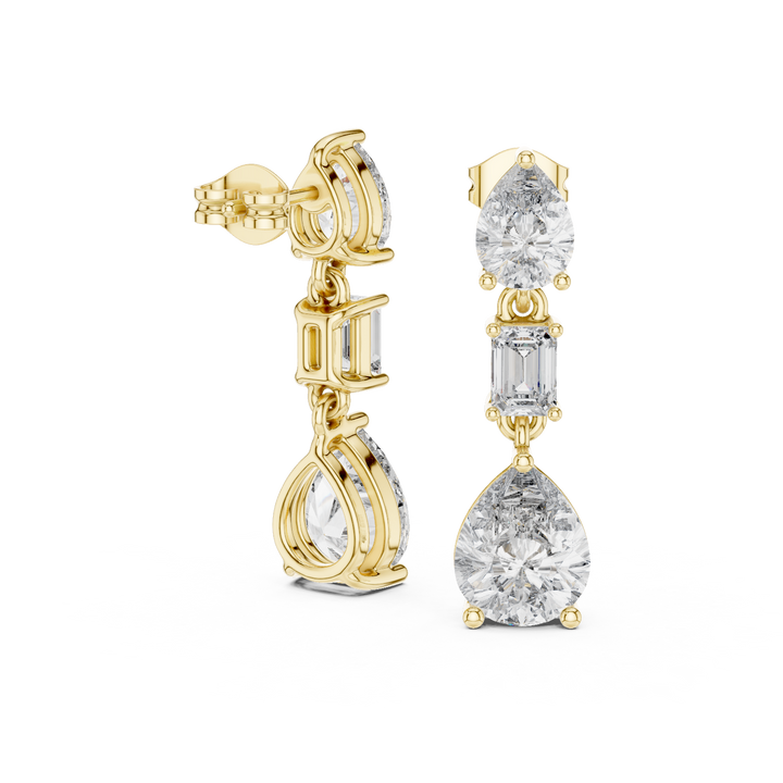 Pear and Emerald Cut Diamond Three Stone Drop Earrings