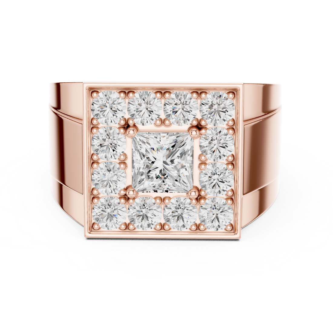 Princess Cut Diamond Square Halo Men's Ring with Multi Stone Cluster Design
