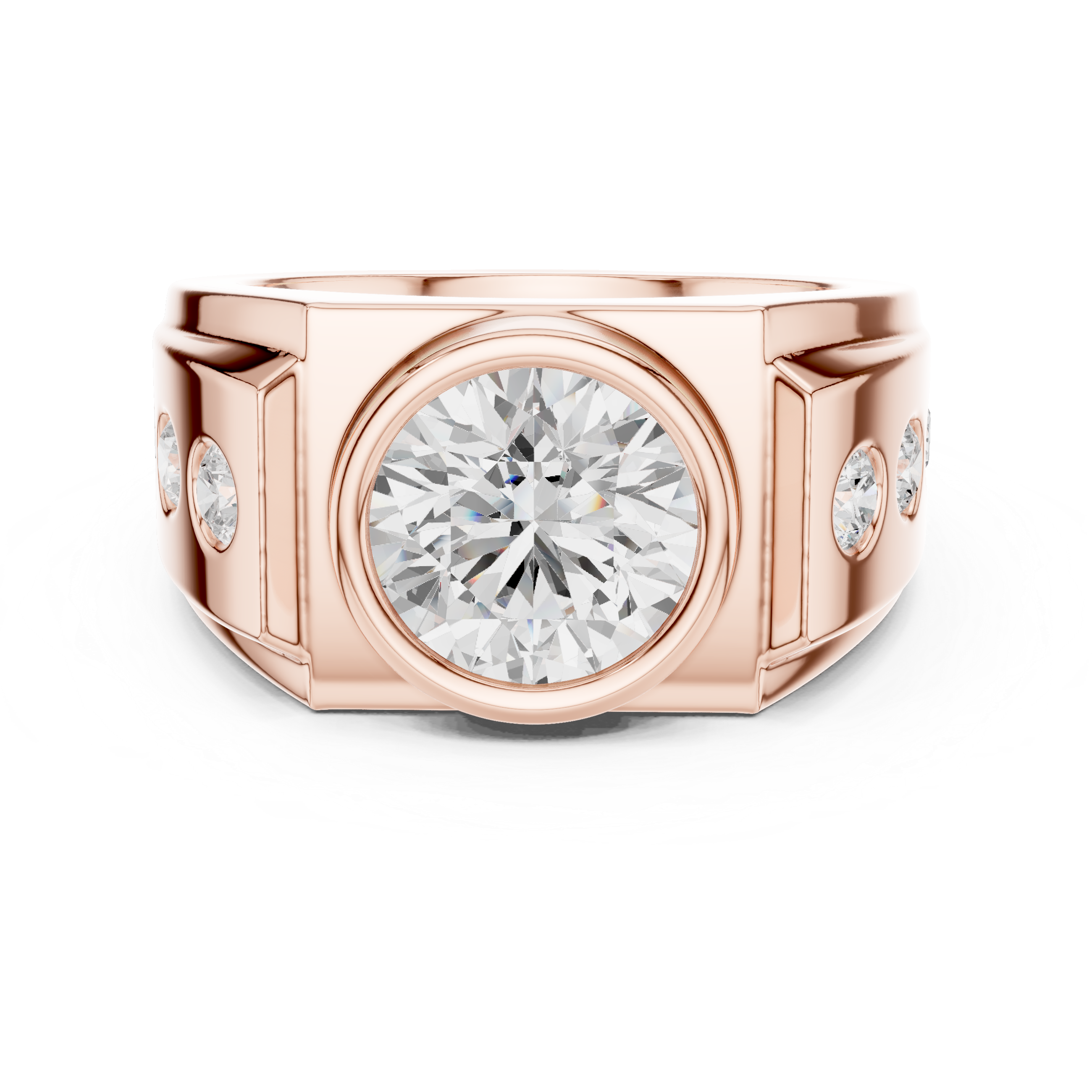 Round Cut Diamond Men's Signet Style Ring with Bezel Setting and Side Stones