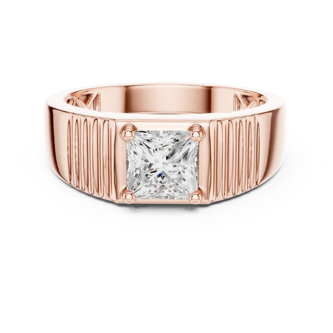 Princess Cut Diamond Solitaire Men's Band Ring with Grooved Detailing