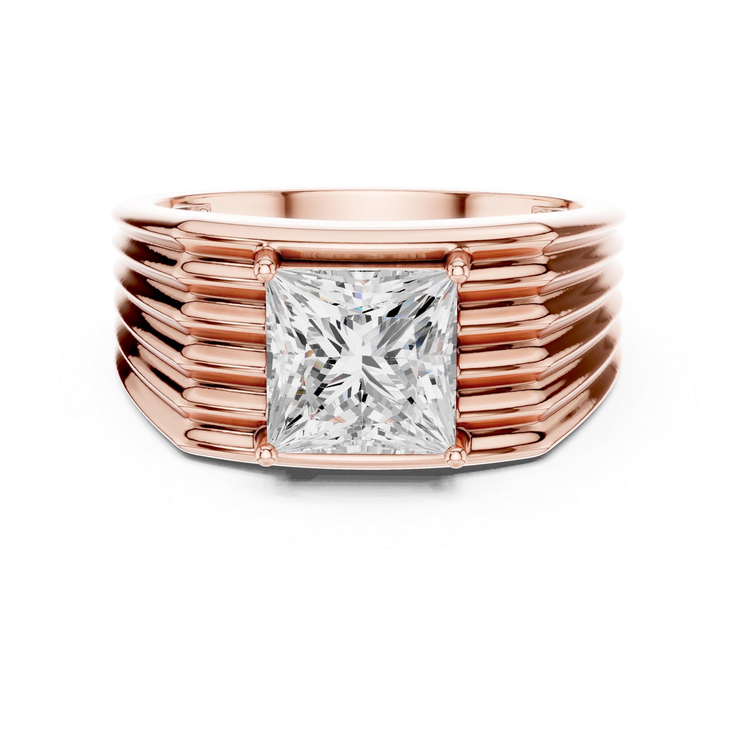 Princess Cut Diamond Men's Ribbed Solitaire Band Ring
