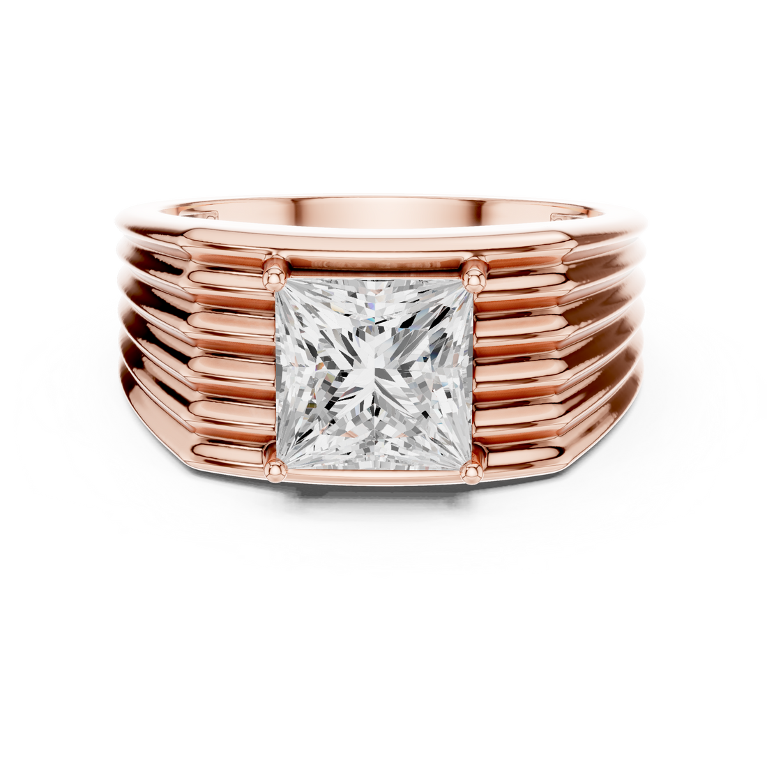 Princess Cut Diamond Men's Ribbed Solitaire Band Ring